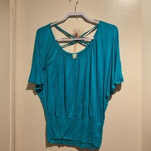 Late 2000’s style Blue Turquoise blouse with criss crossed string back opening